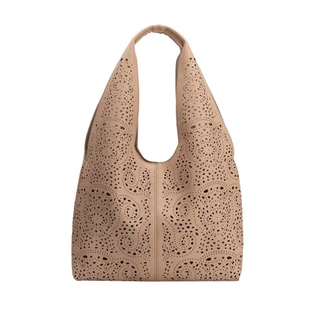 Perforated Laser-Cut Hobo Bag in Nude